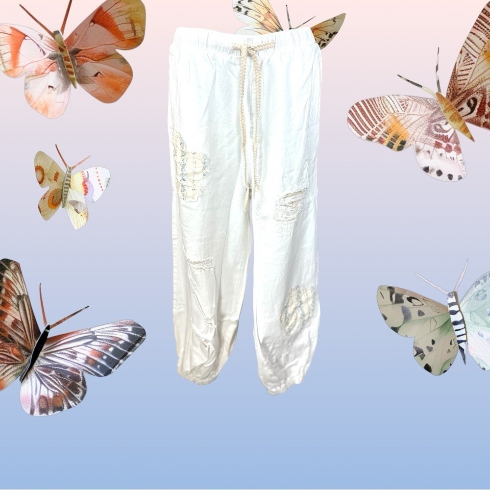 POL NWT Size Medium White‎ Denim drawstring lace patchwork Cargo Track Pants